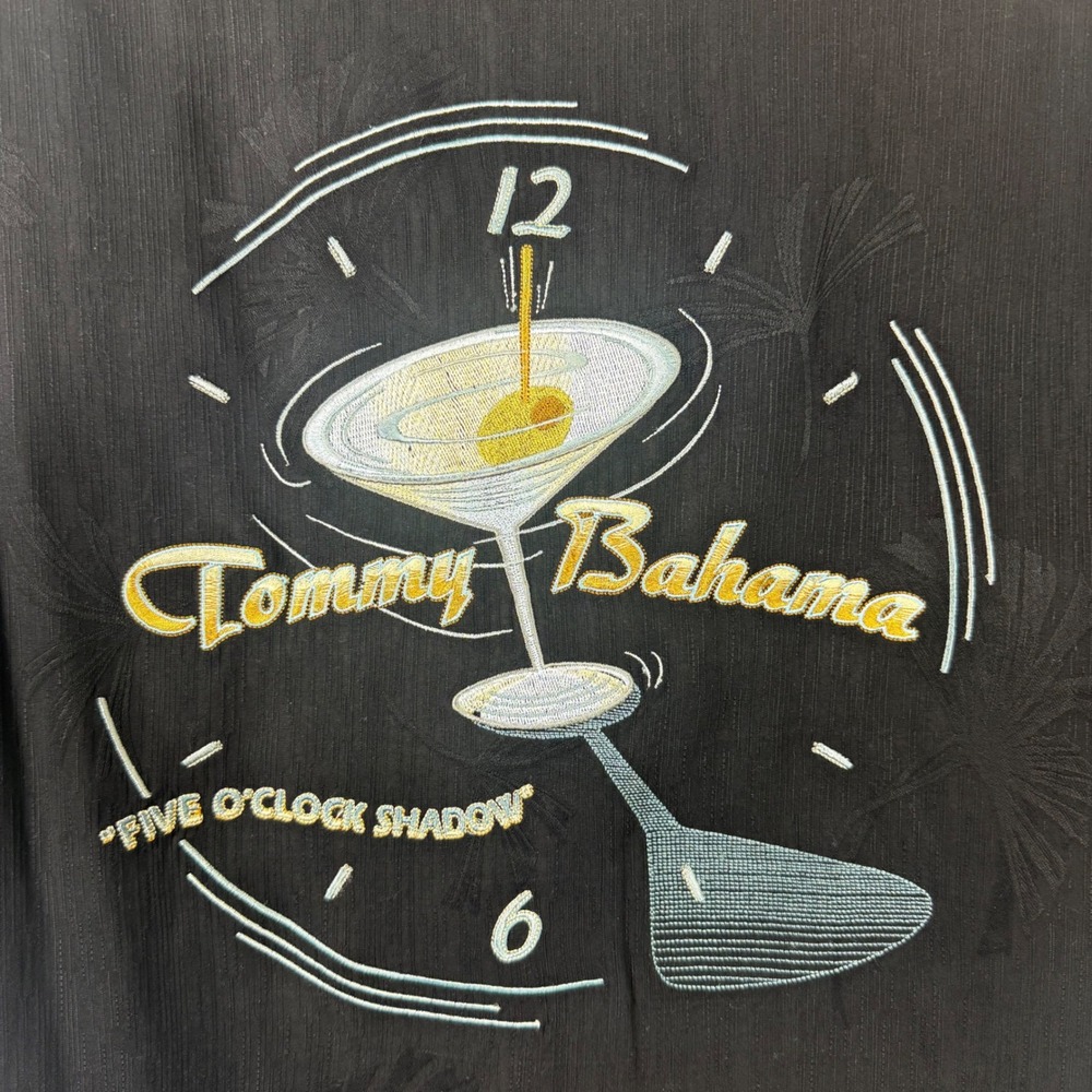 Tommy Bahama Five O'Clock Shadow Black Silk Camp Shirt Men XL Golf Martini Shirt